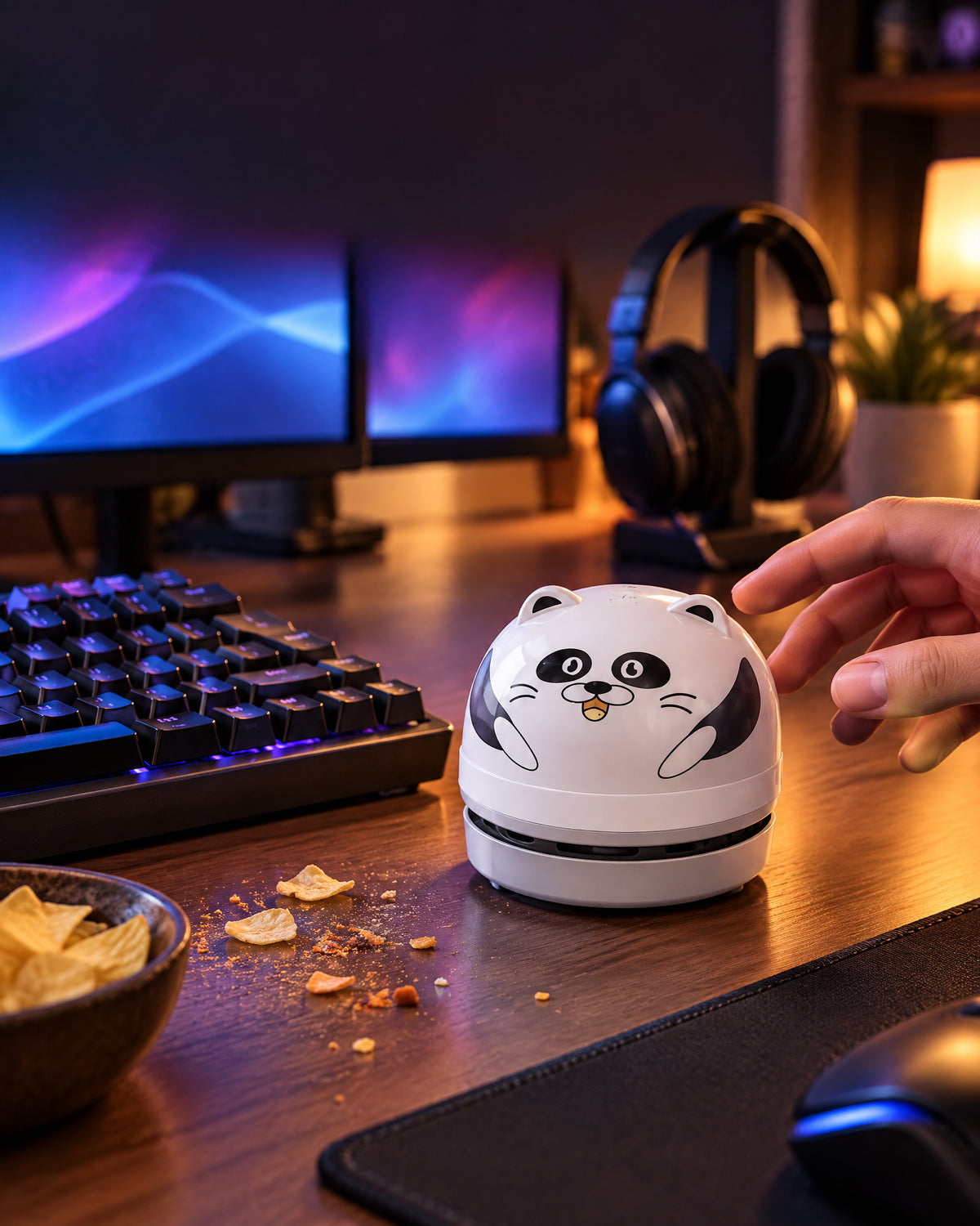 DeskVac Panda an einem Gaming-Setup