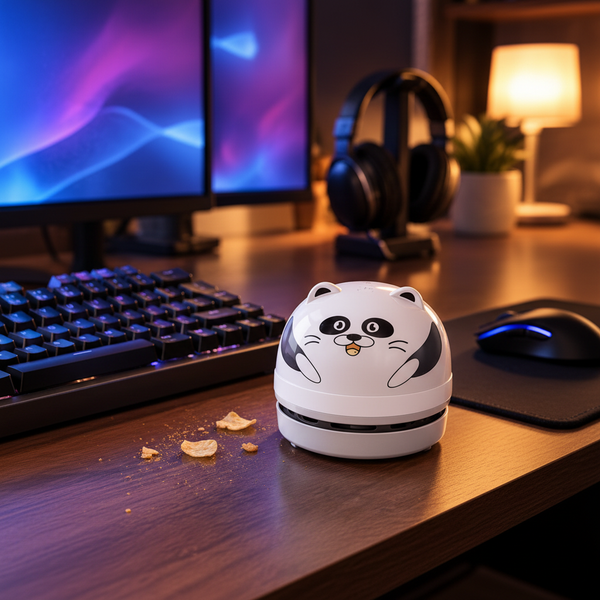 Fotorealistischer DeskVac Panda an einem Gaming Setup