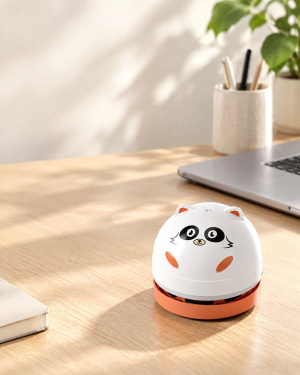 DeskVac Panda auf einem hellen Homeoffice-Schreibtisch