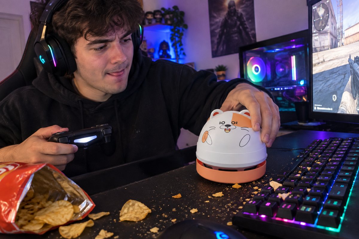 Gamer saugt Chips-Krümel 3