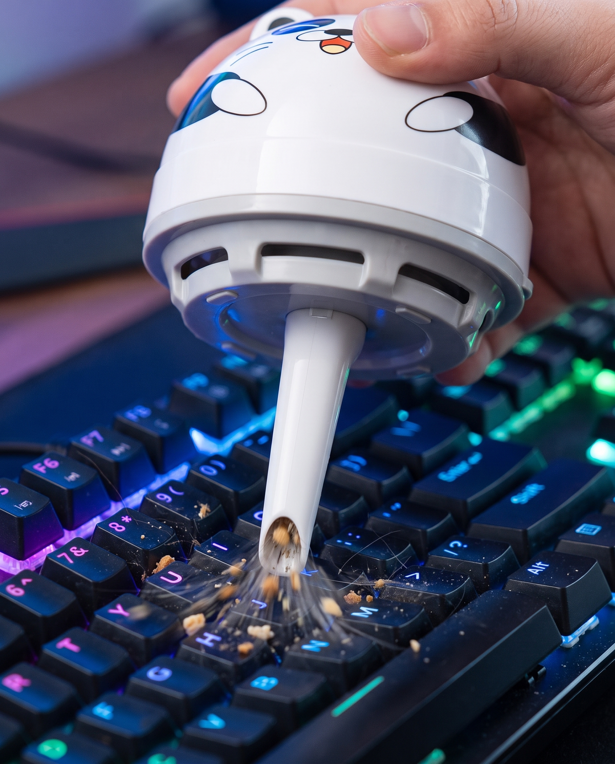 DeskVac Panda – Grau mit Düse reinigt die Tastatur