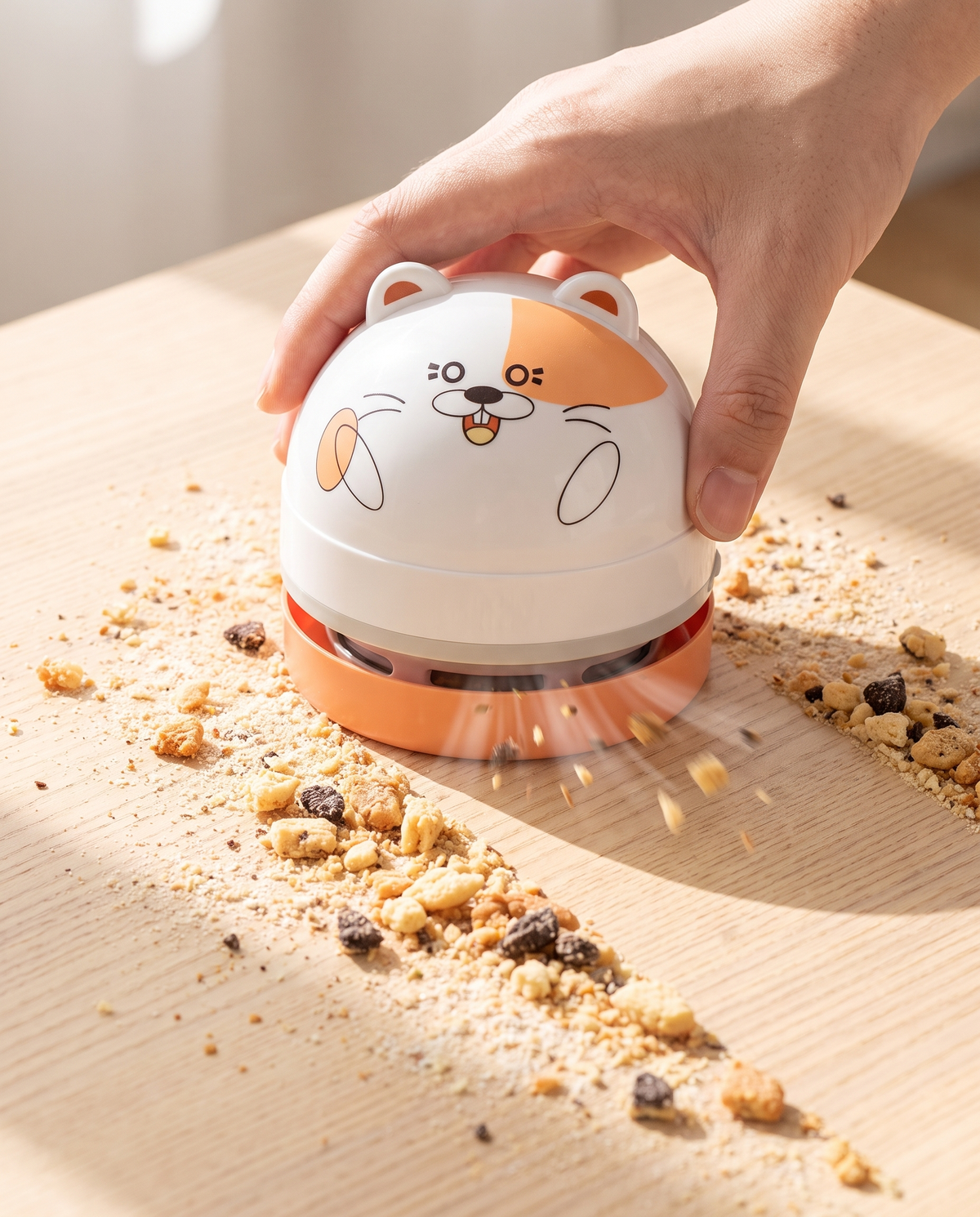 DeskVac Katze – Orangefleck saugt Keks-Krümel vom Holztisch