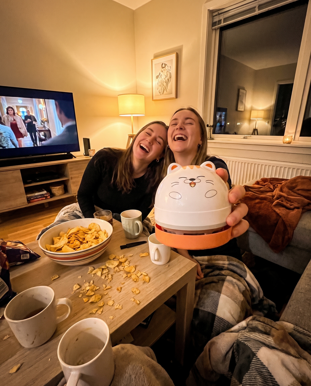 DeskVac Katze – Lächelnd beim Filmabend mit Freundinnen