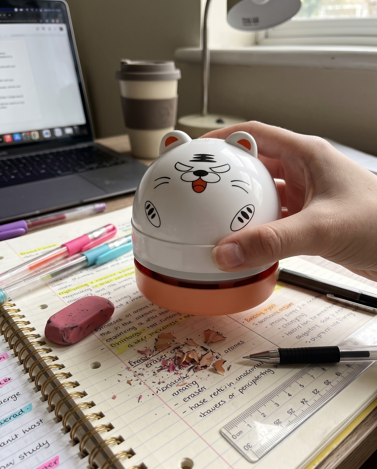 DeskVac Katze – Frech in der Hand am Lernplatz