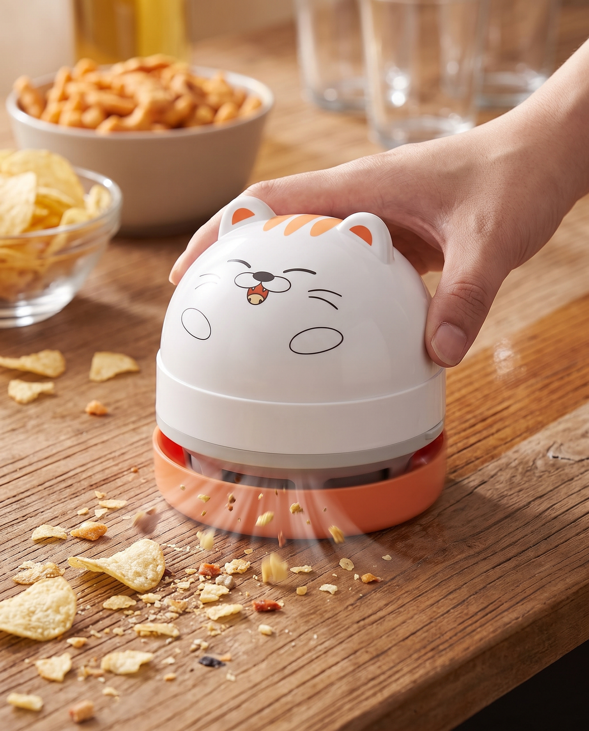 DeskVac Katze – Lächelnd saugt Chips-Krümel vom Tisch