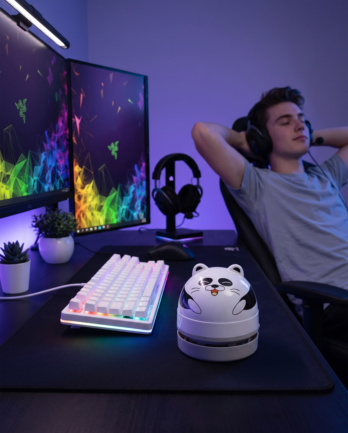 DeskVac Panda – Grau am Gaming-Setup