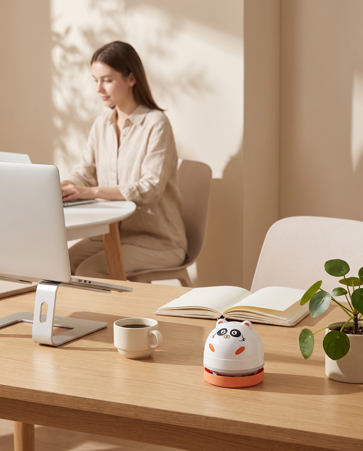 DeskVac Panda – Orange auf dem Homeoffice-Schreibtisch