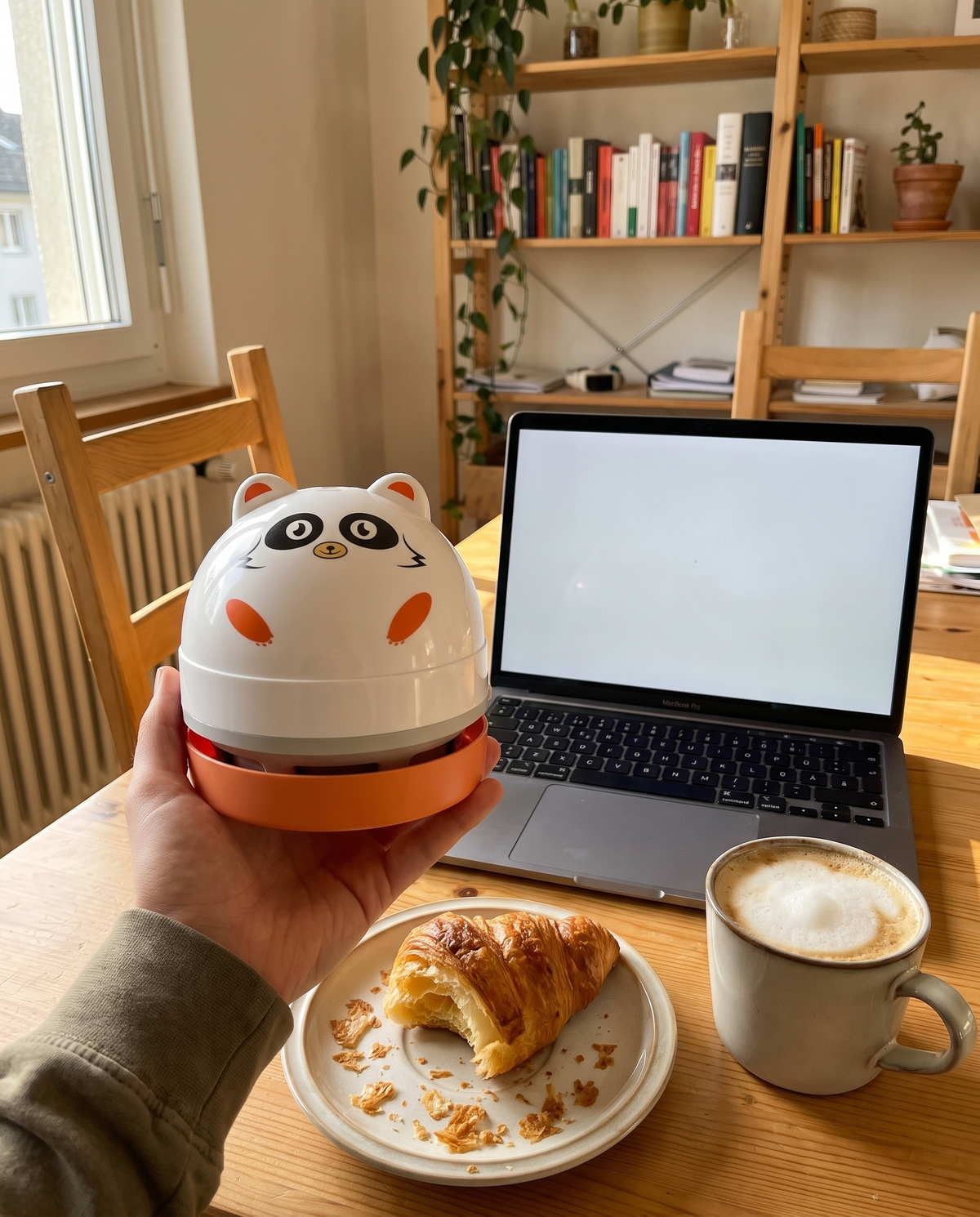 DeskVac Panda – Orange in der Hand im Homeoffice