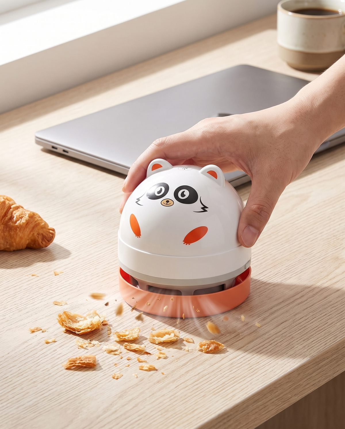DeskVac Panda – Orange saugt Croissant-Brösel neben dem Laptop