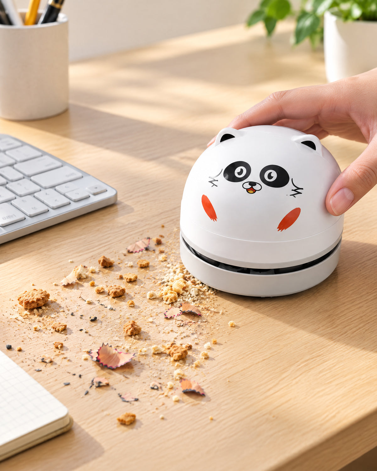 DeskVac Panda bei kleinen Krümeln am Tastaturbereich
